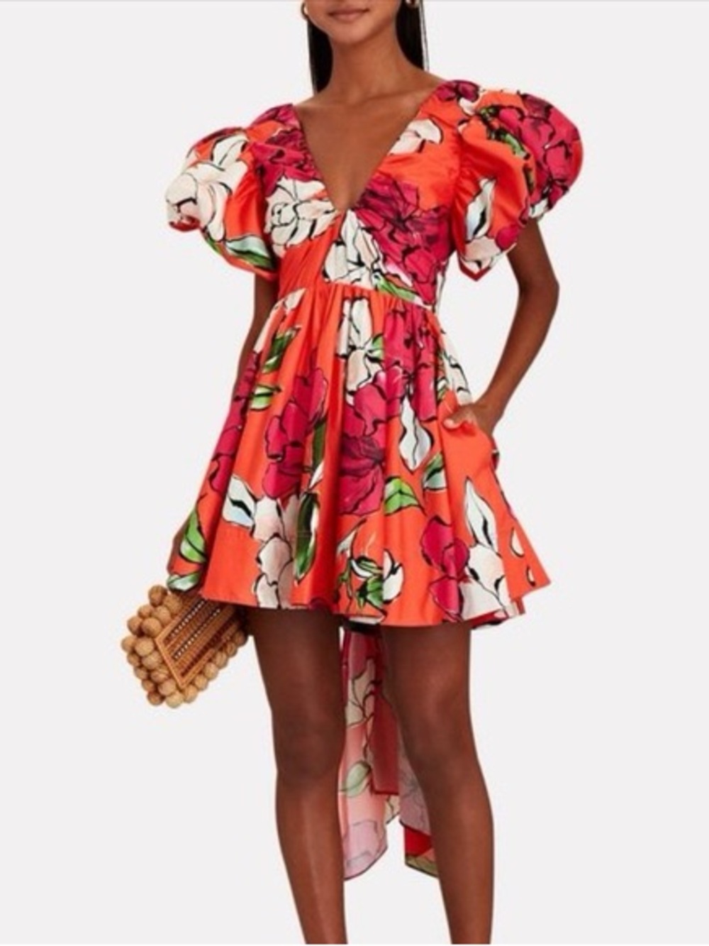 Aje Orange Floral Puff-Sleeve High-Low Mini Dress